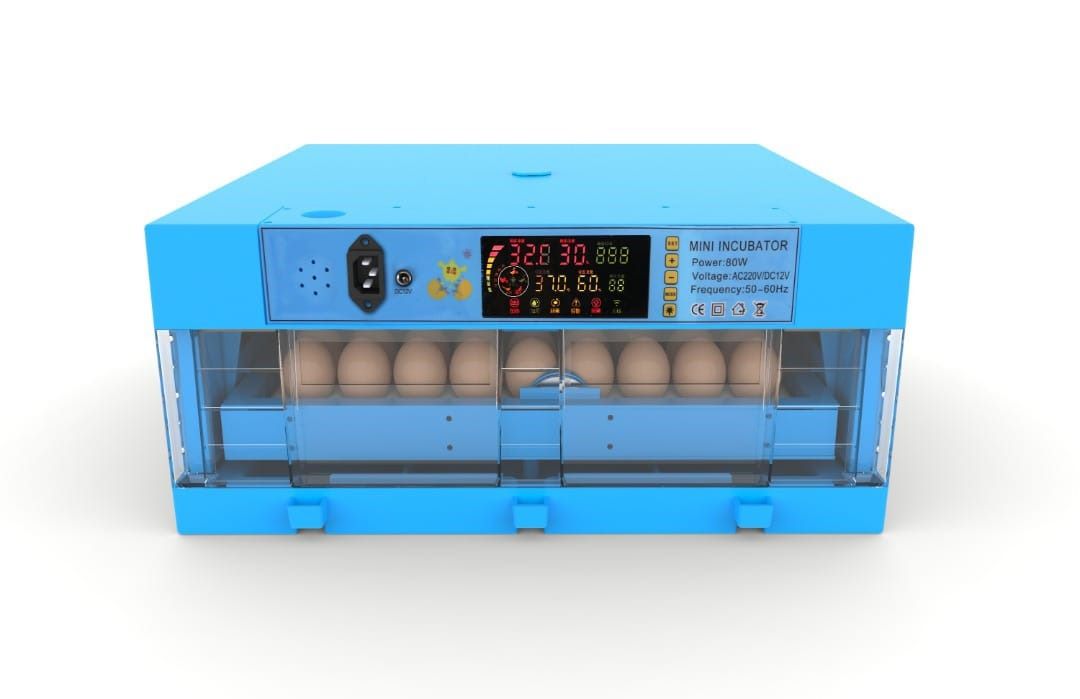 Incubadora 64 huevos celeste con control automático de temperatura, humedad y volteo
